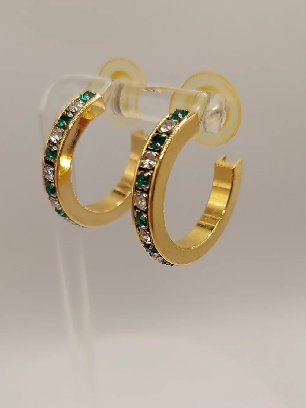 Bold Goldtone Hoop Earrings Channel-set Green & Clear Rhinestones EUC - Picture 1 of 6